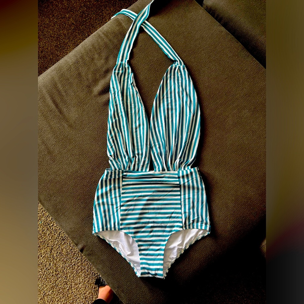 Dark Green & White Striped Retro One Piece Backless Swimsuit